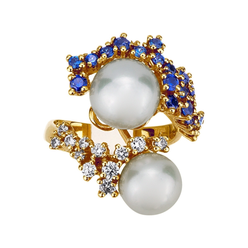 18k yellow gold ring with pearls, blue sapphires and diamonds 