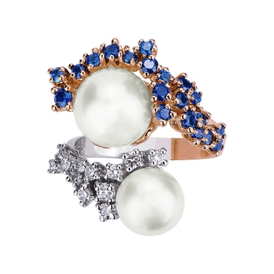 Rose gold 18k ring with pearls, diamonds and blue sapphires 