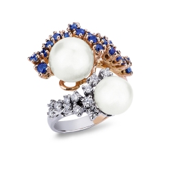 Rose gold 18k ring with pearls, diamonds and blue sapphires 
