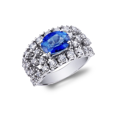 18k white gold band ring with diamond pavè and oval sapphires