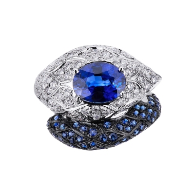 18k white gold snake ring with blue sapphires and diamonds 