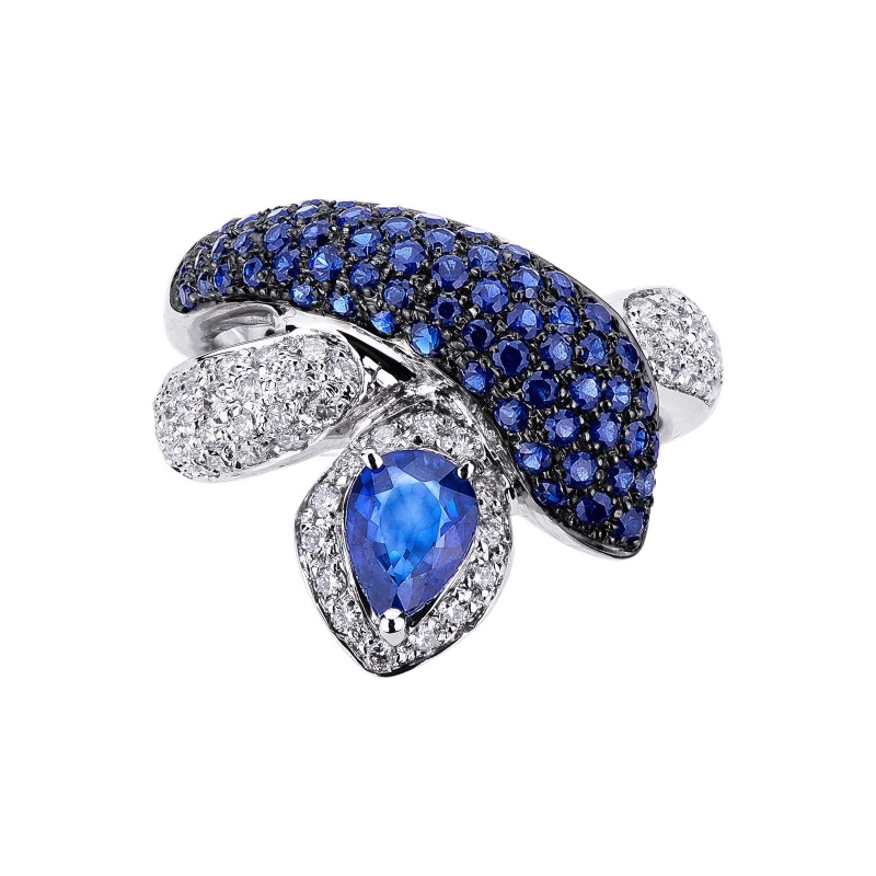 White gold 18k snake ring with diamonds and blue sapphires 