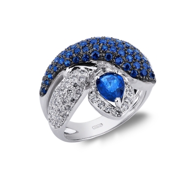 White gold 18k snake ring with diamonds and blue sapphires 