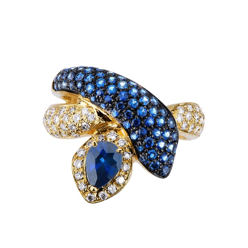 18k yellow gold snake ring with blue sapphire and diamonds 