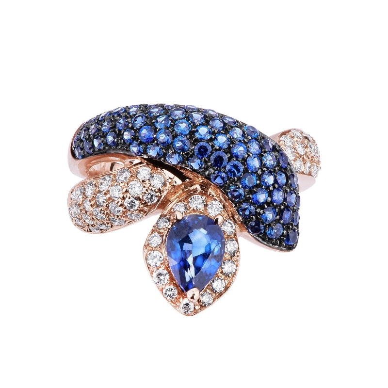 18k rosé gold snake ring with blue sapphires and diamonds 