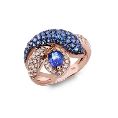 18k rosé gold snake ring with blue sapphires and diamonds 