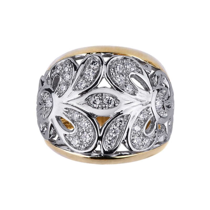 Embroided band ring in white and yellow gold with diamonds 