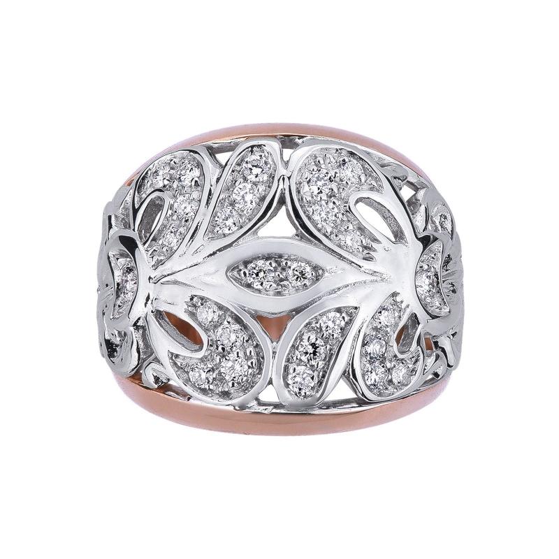 White and rosé gold 18k band ring with embroideries and diamonds 