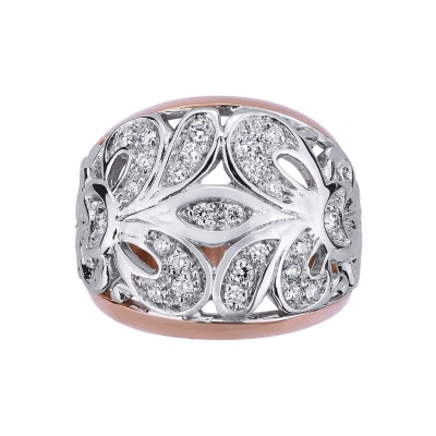 White and rosé gold 18k band ring with embroideries and diamonds 