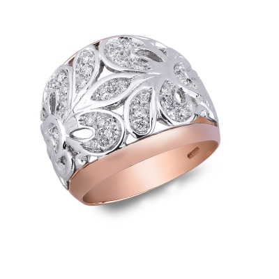 White and rosé gold 18k band ring with embroideries and diamonds 
