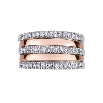 Band ring in white and rosé gold 18k with three rows of diamonds 