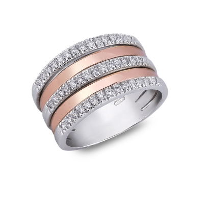 Band ring in white and rosé gold 18k with three rows of diamonds 