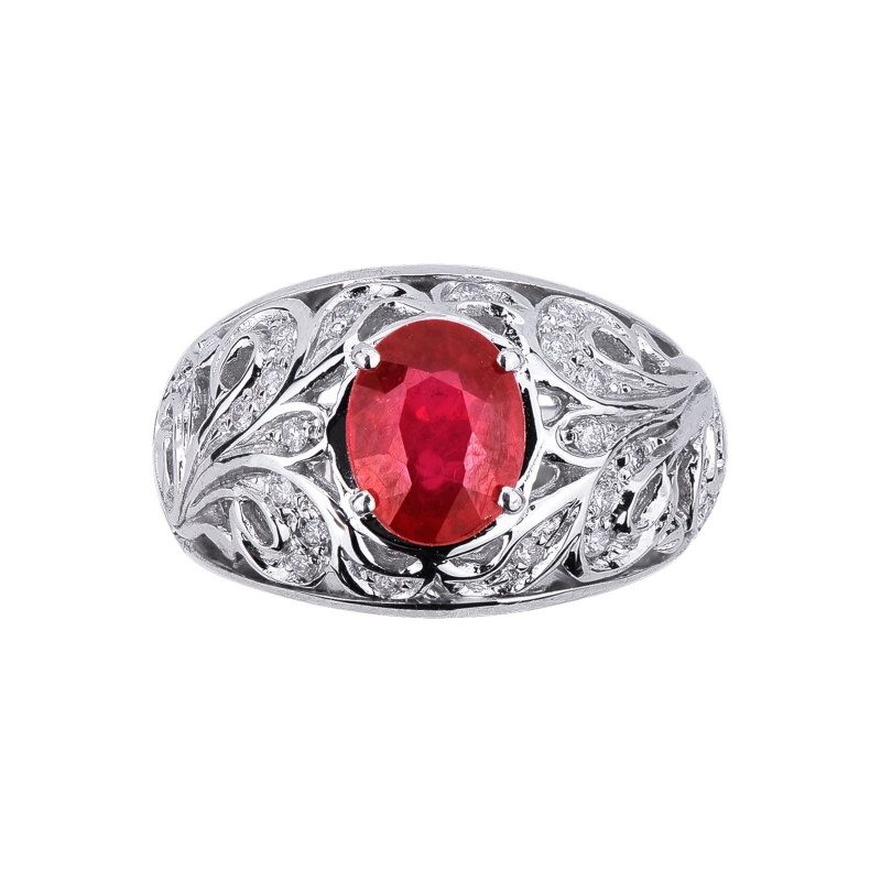 White gold 18k ring with embroidery, ruby and diamonds 