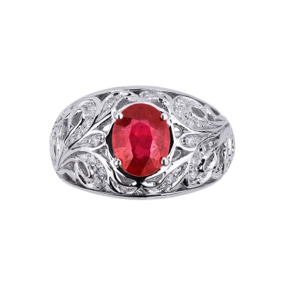 White gold 18k ring with embroidery, ruby and diamonds 