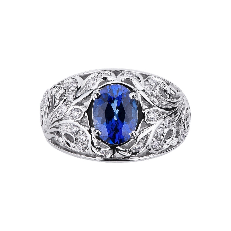 Band ring in white gold 18k with diamonds and blue sapphire 