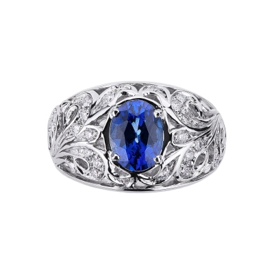 Band ring in white gold 18k with diamonds and blue sapphire 
