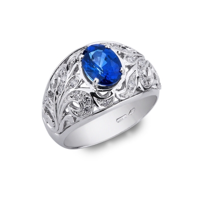 Band ring in white gold 18k with diamonds and blue sapphire 