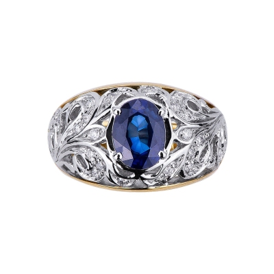 18k bicolor gold ring with embroidery and blue sapphire and diamonds 