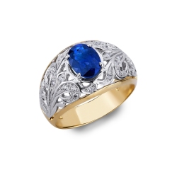 18k bicolor gold ring with embroidery and blue sapphire and diamonds 