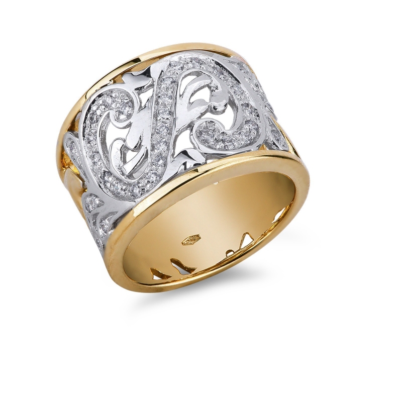 Yellow and white gold 18k band ring with diamonds