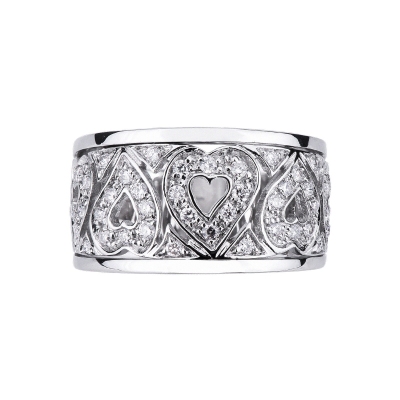 Band ring with diamond hearts in white gold 18k