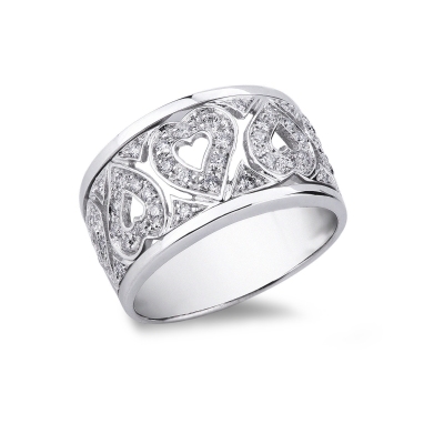 Band ring with diamond hearts in white gold 18k