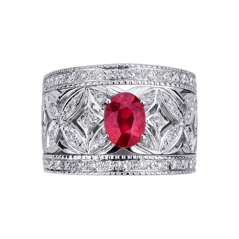 Embroided band ring in white gold 18k with diamonds and ruby 