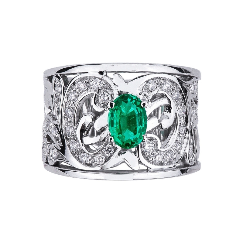 White gold 18k ring with emerald and diamonds 