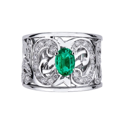 White gold 18k ring with emerald and diamonds 