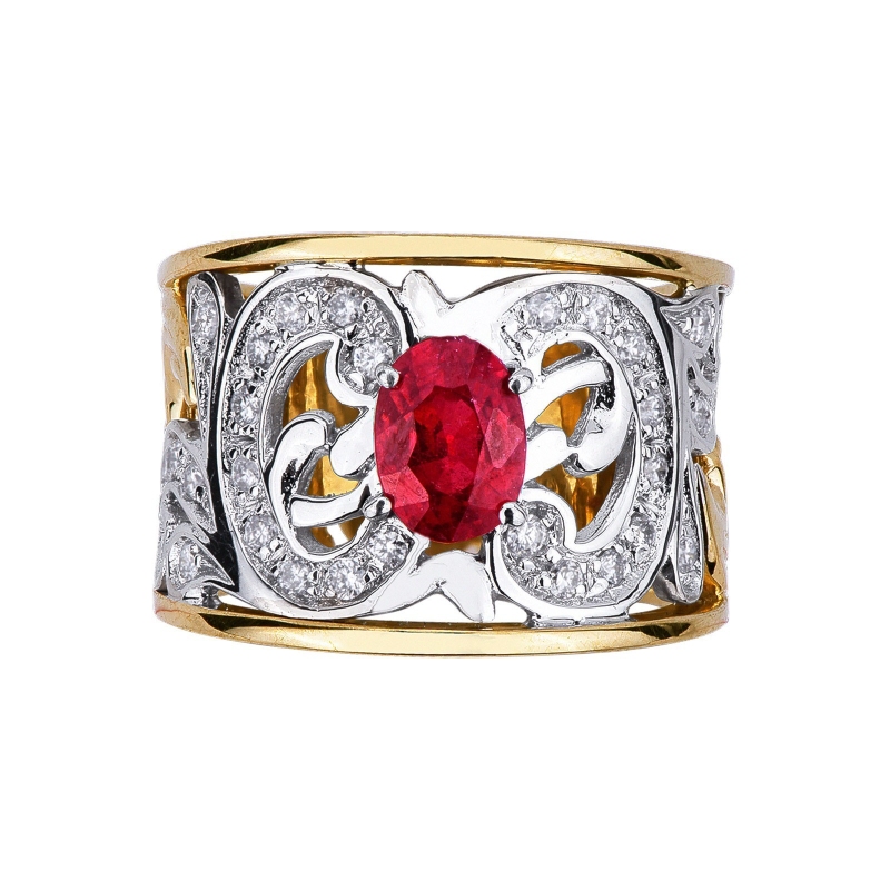 Yellow and white gold 18k ring with ruby and diamonds 