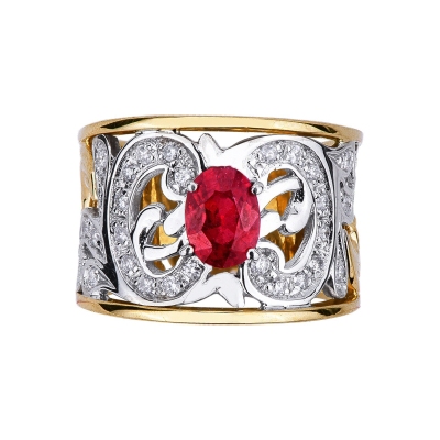 Yellow and white gold 18k ring with ruby and diamonds 