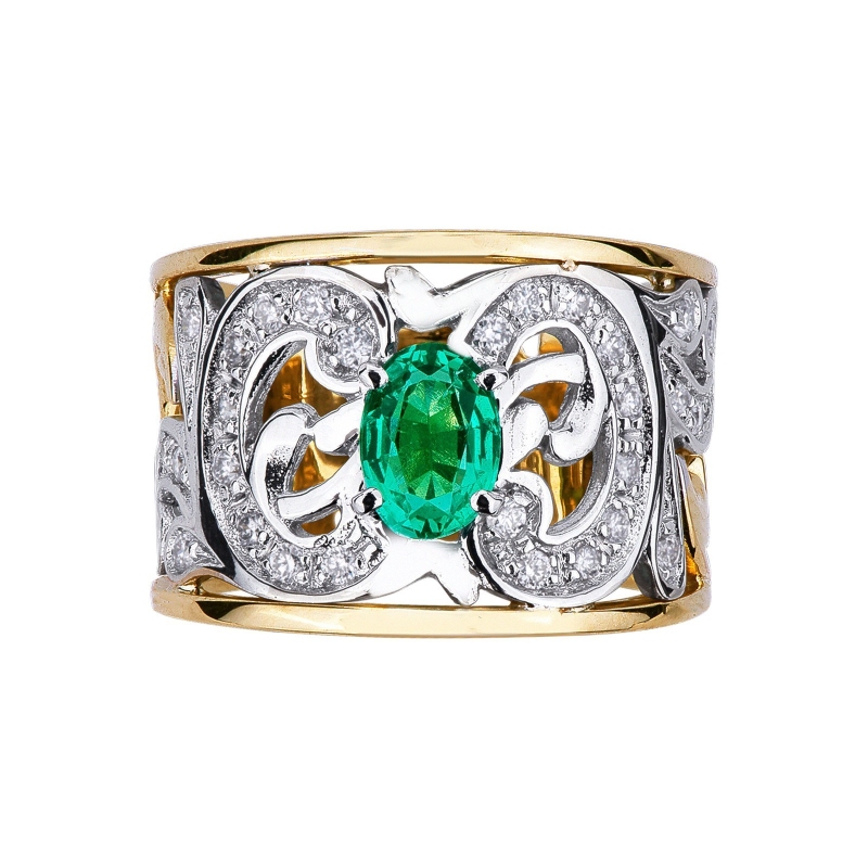 White and yellow gold 18k band ring with emerald and diamonds 