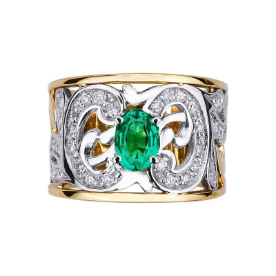 White and yellow gold 18k band ring with emerald and diamonds 