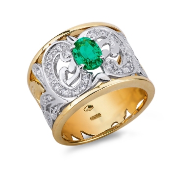 White and yellow gold 18k band ring with emerald and diamonds 