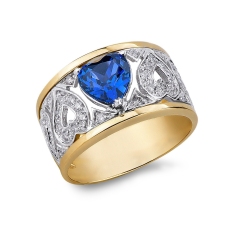 White and yellow gold 18k ring with blue sapphires heart cut and diamonds 