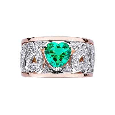White and rosé gold 18k band ring with emerald and diamonds 