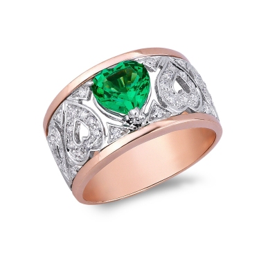 White and rosé gold 18k band ring with emerald and diamonds 
