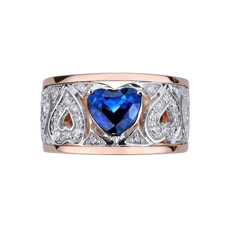 White and rosé gold 18k ring with a central blue sapphire and diamonds 