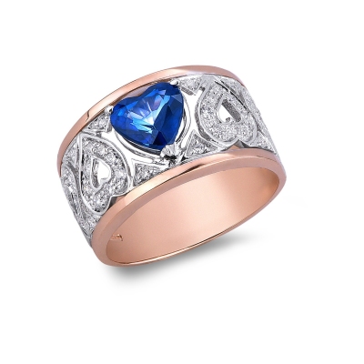White and rosé gold 18k ring with a central blue sapphire and diamonds 