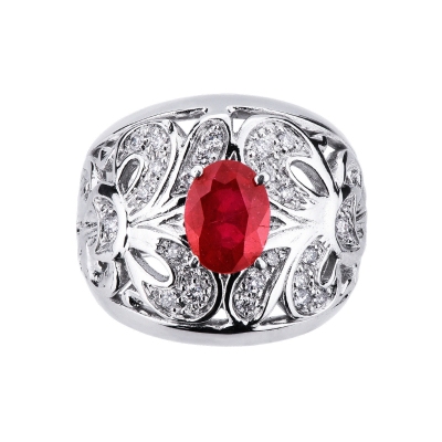 Embroided band ring in white gold 18k with a central ruby and diamonds