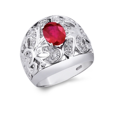 Embroided band ring in white gold 18k with a central ruby and diamonds