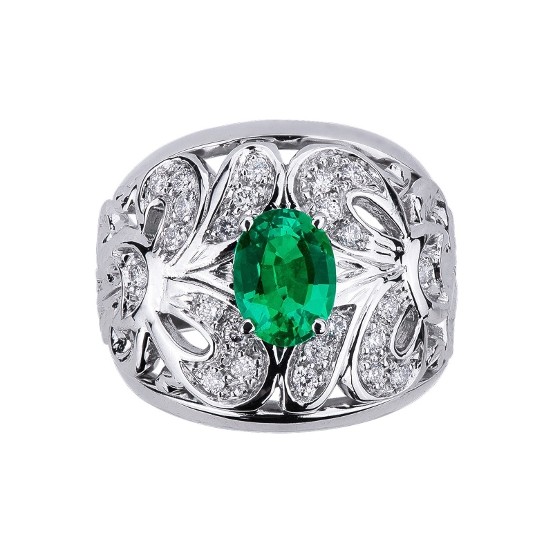 18k white gold band ring with emerald and diamonds