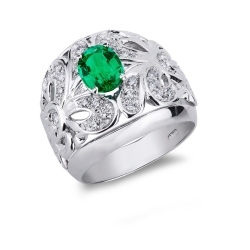 18k white gold band ring with emerald and diamonds