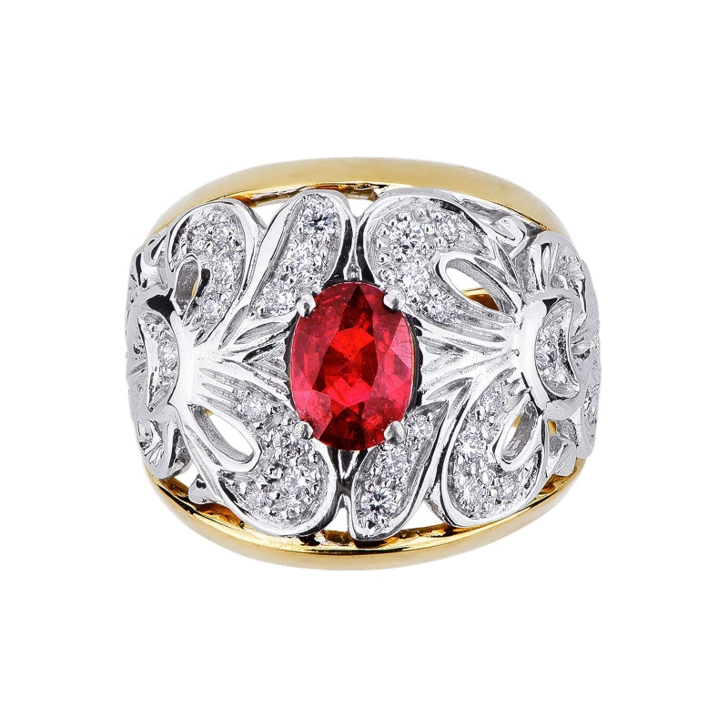 White and yellow gold 18k ring with ruby and diamonds 