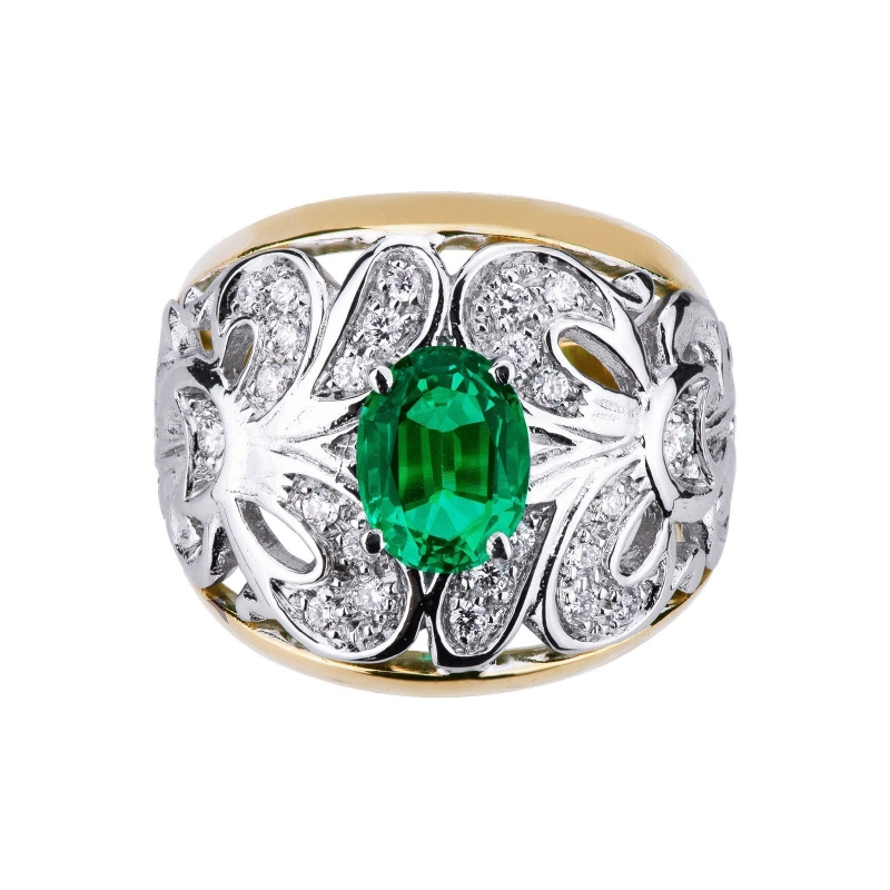 White and yellow gold 18k ring with emerald oval cut and diamonds 