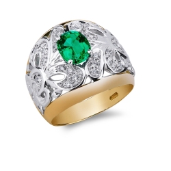 White and yellow gold 18k ring with emerald oval cut and diamonds 