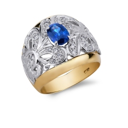 18k white and yellow gold ring with blue sapphire and diamonds 