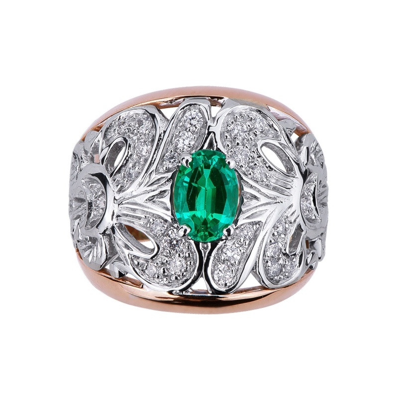 18k rosé and white gold with a central emerald and diamonds 