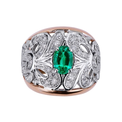 18k rosé and white gold with a central emerald and diamonds 