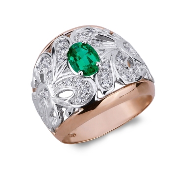18k rosé and white gold with a central emerald and diamonds 